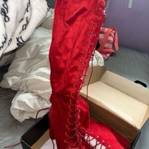 Red Lace-Up Knee-High Boots